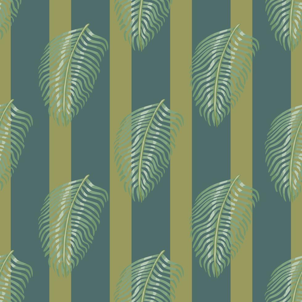 Jungle seamless pattern with fern leaf silhouettes print. Pale turquoise and green striped background. vector