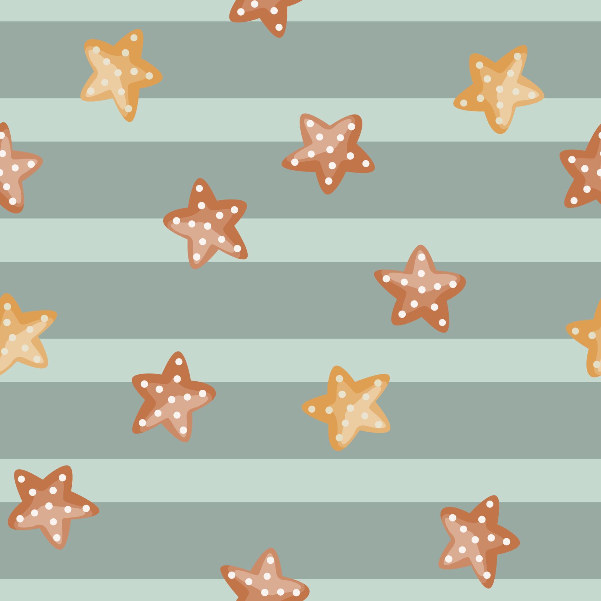 Seamless pattern sea star on green striped background. Marine starfish