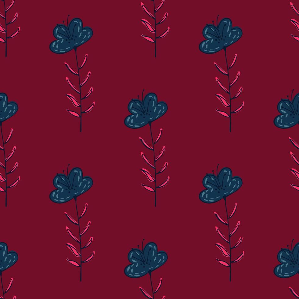Botanic seamless doodle pattern with hand drawn flower ornament. Blue floral shapes on dark red background. vector