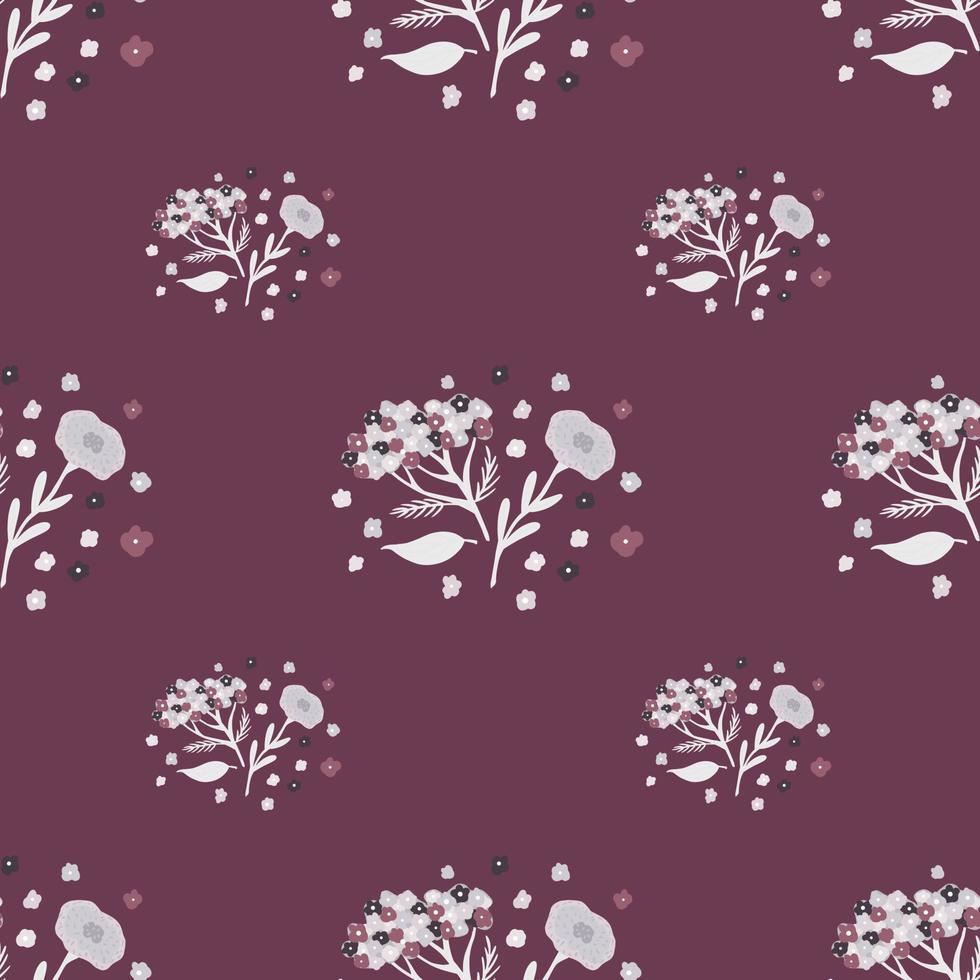 Botany seamless pattern with white vintage flowers elements. Purple pale background. vector
