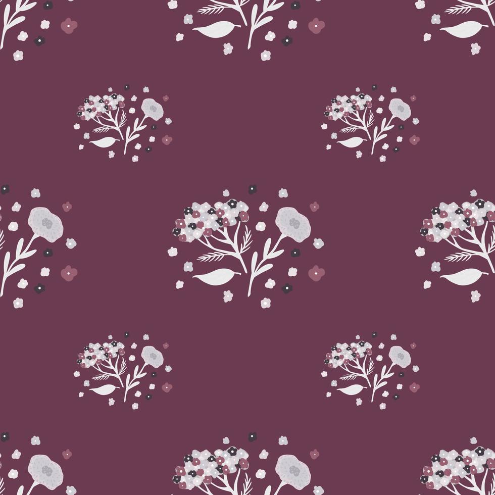 Botany seamless pattern with white vintage flowers elements. Purple pale background. vector