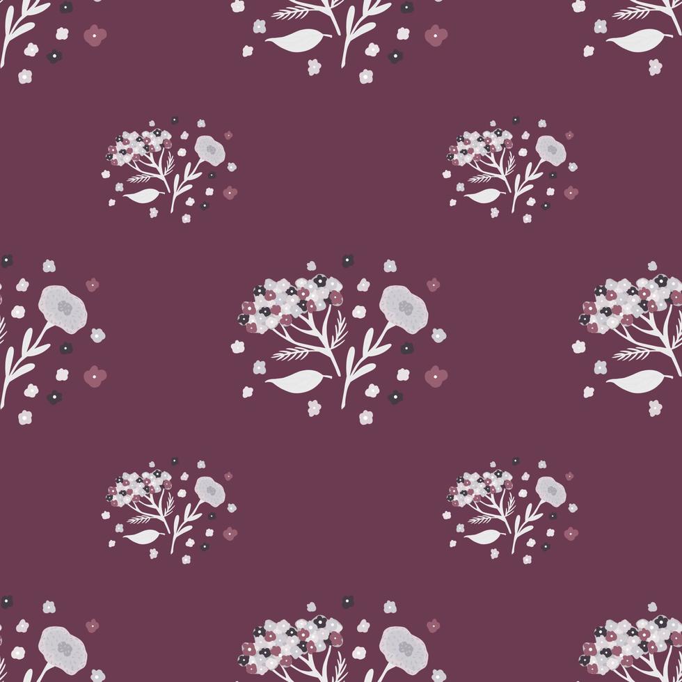 patrón transparente de botánica con elementos de flores vintage blancas. fondo morado pálido. vector