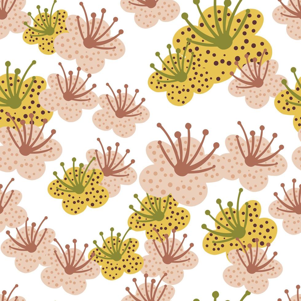 Seamless pattern spring plants on white background. Vector floral template in doodle style with flowers.