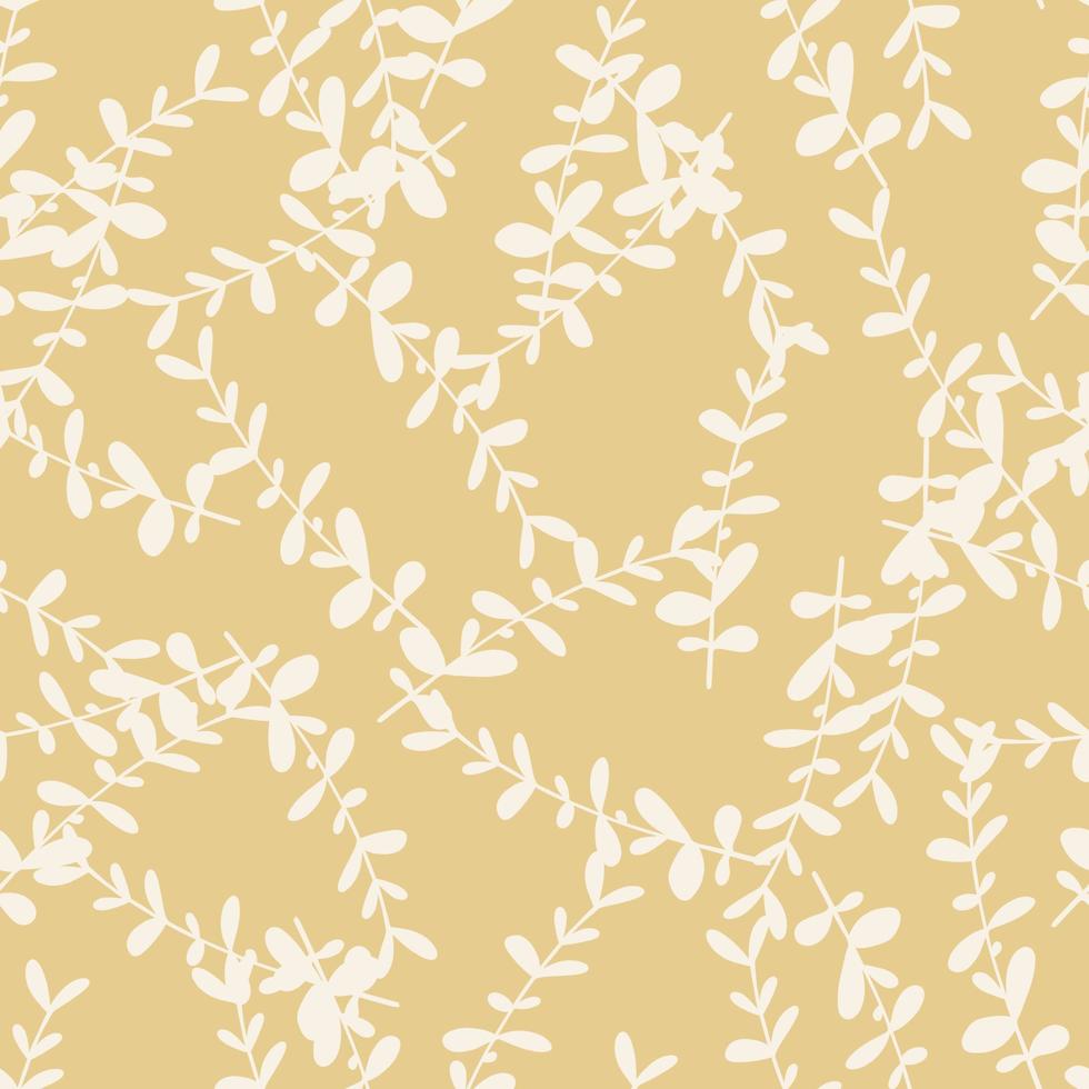 White random eucalyptus branches botanic shapes seamless pattern. Pastel beige background. vector