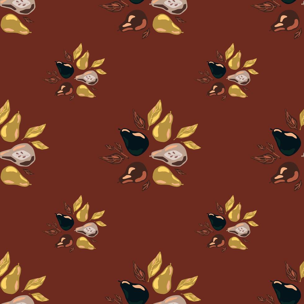 Autumn tones seamless pattern with hand drawn pears and leaf silhouettes. Brown background. Fall harvest print. vector