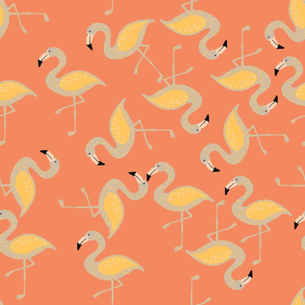 Random pastel tones seamless zoo pattern with grey and yellow colored flamingo print. Coral background. vector