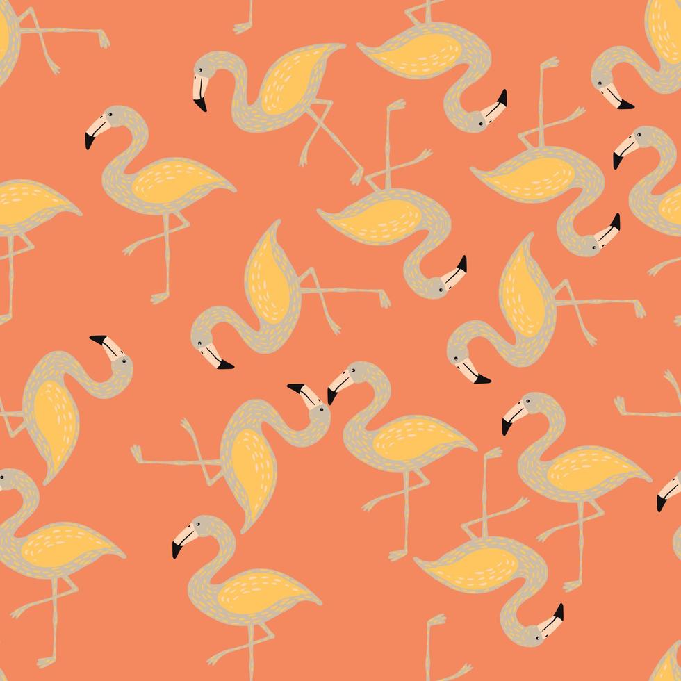 patrón de zoológico sin costuras de tonos pastel aleatorios con estampado de flamencos de color gris y amarillo. fondo coralino. vector