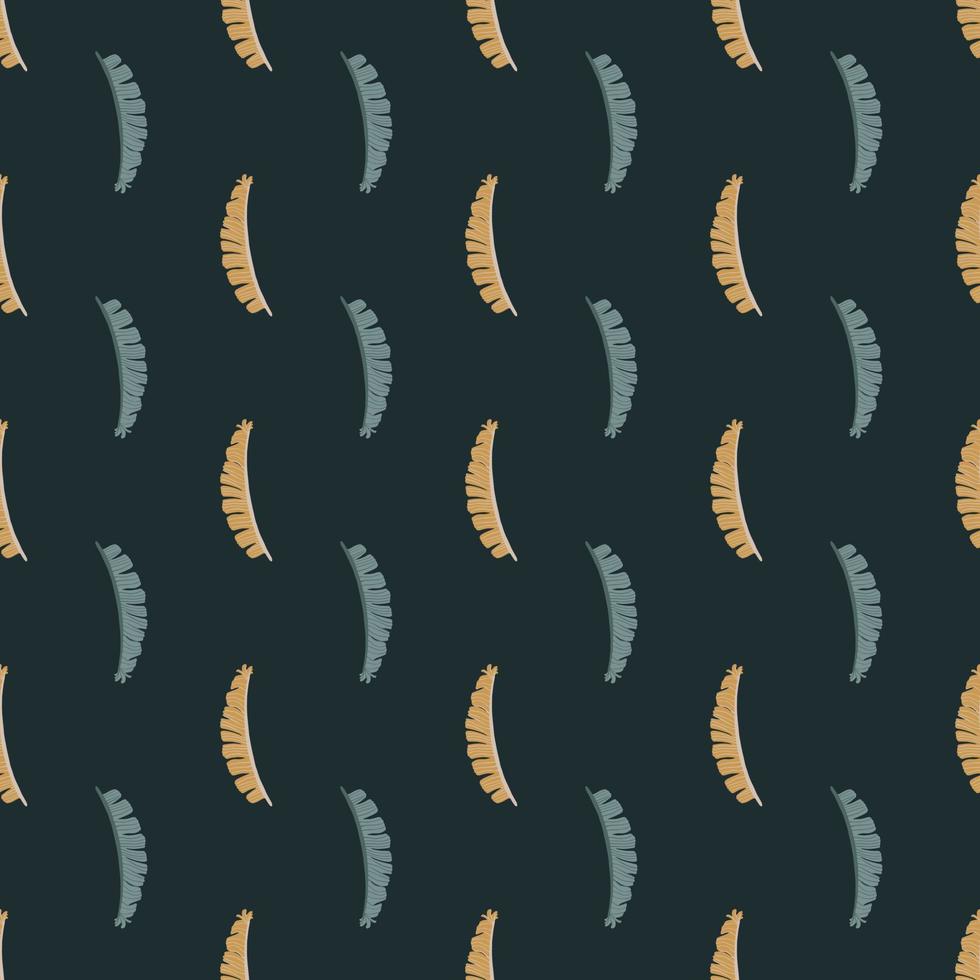 Dark wild jungle seamless pattern with doodle beige and blue colored fern leaf print. Black background. vector