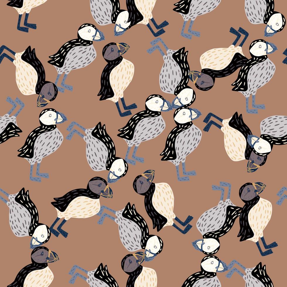 Seamless abstract zoo life pattern with simple puffin birds ornament. Beige background. Ornithology backdrop. vector