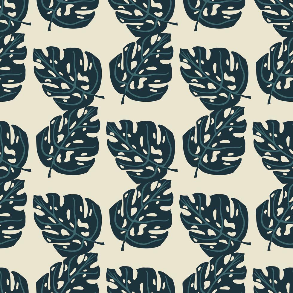 Seamless doodle pattern with simple navy blue monstera leaf silhouettes ornament. Light background. vector