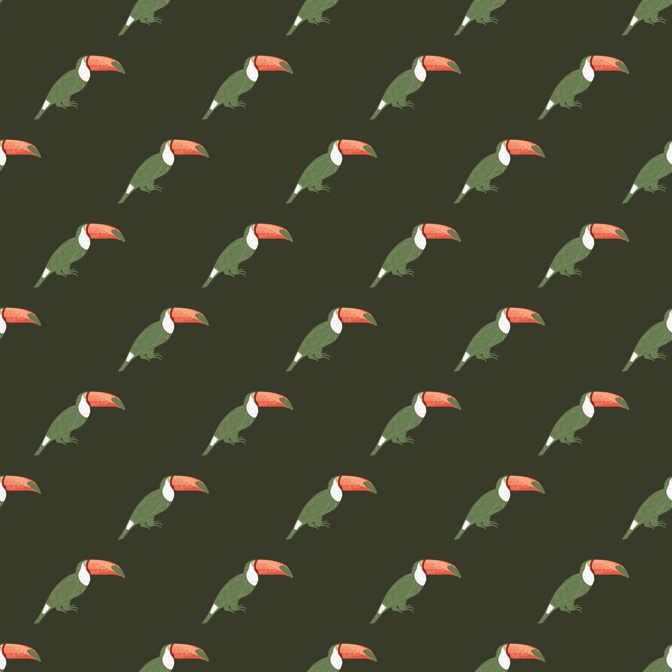 Zoo brazil bird seamless pattern with hand drawn toucan print in kids stylistic. Green olive dark background. vector