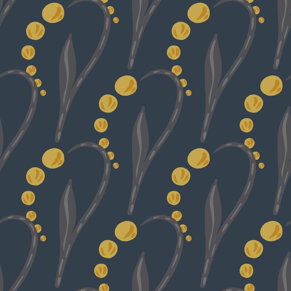 Abstract yellow lily of the valley silhouettes seamless pattern. Navy blue background. Simple style. vector