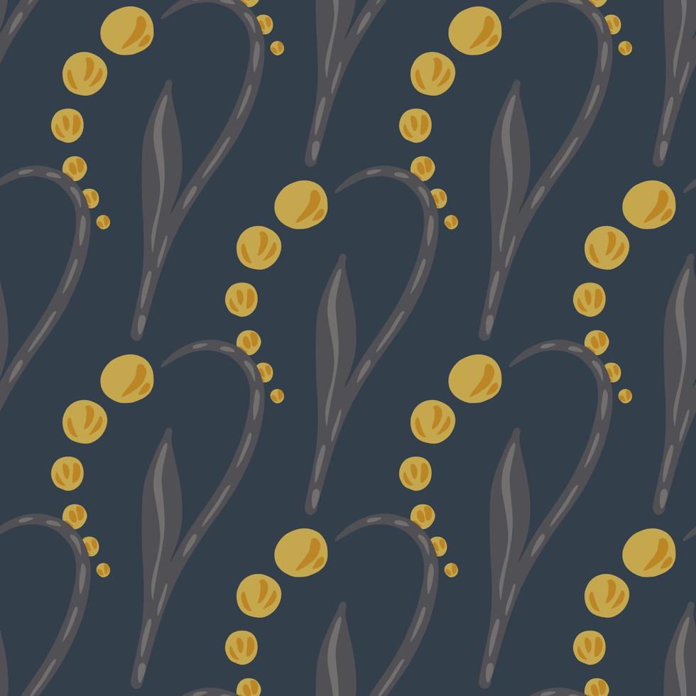 Abstract yellow lily of the valley silhouettes seamless pattern. Navy blue background. Simple style. vector