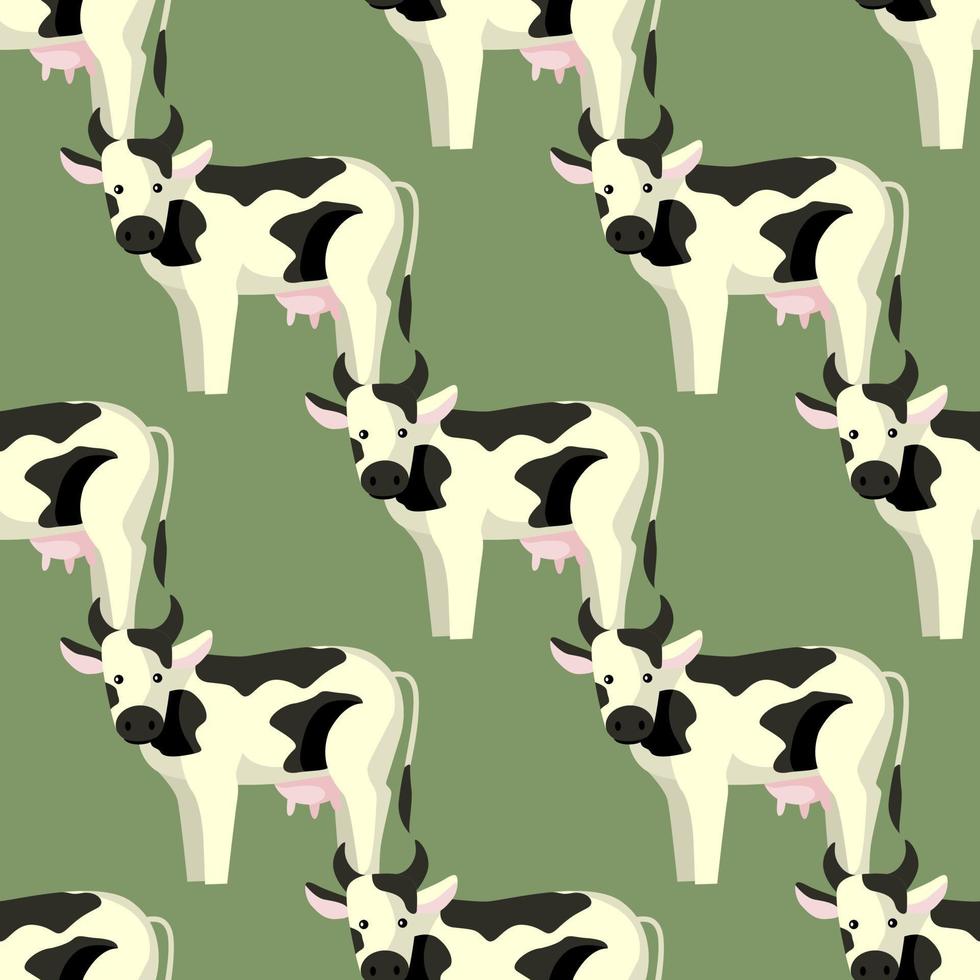 Seamless pattern cow on pastel green background. Texture of farm animals for any purpose. vector