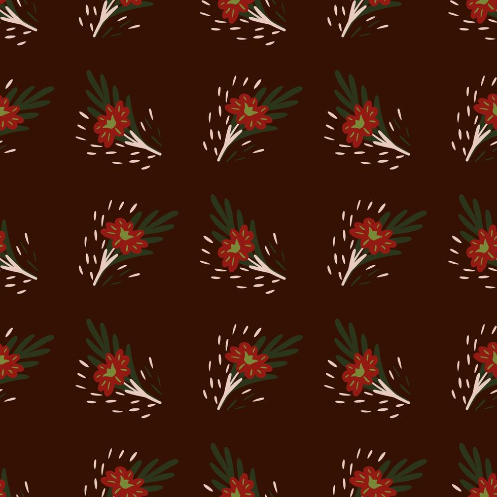Seamless pattern with bouquets of small flowers on brown background. Vector floral template in doodle style. Gentle summer botanical texture.