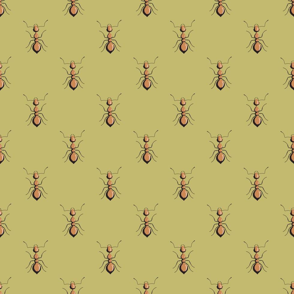 Seamless pattern colony ants on green background. Vector insects template in flat style for any purpose. Modern animals texture.