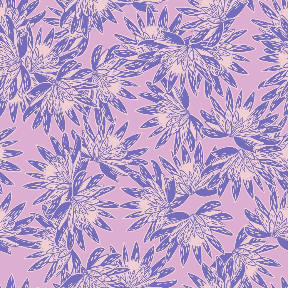 Seamless pattern with hand drawing lotus on pink background. Vector purple floral template in doodle style. Gentle summer botanical texture.