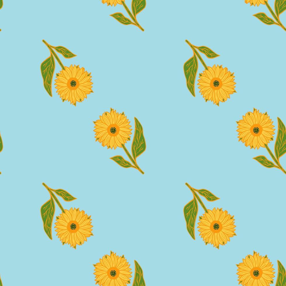 Minimalistic summer seamless pattern with bright yellow sunflowers shapes. Blue pastel background. vector