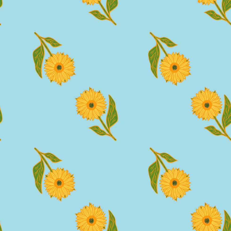 Minimalistic summer seamless pattern with bright yellow sunflowers shapes. Blue pastel background. vector