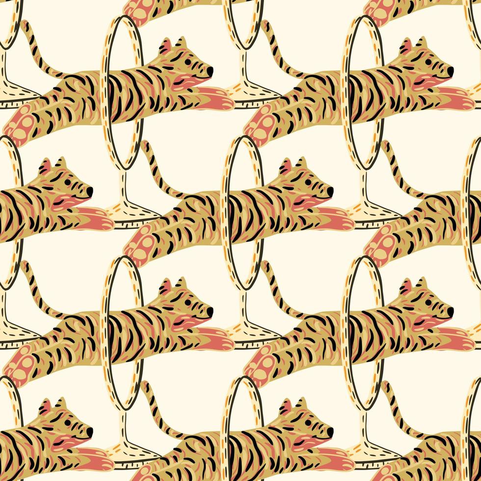 Animal safari seamless pattern with orange striped tiger doodle print. Light background. Circus backdrop. vector