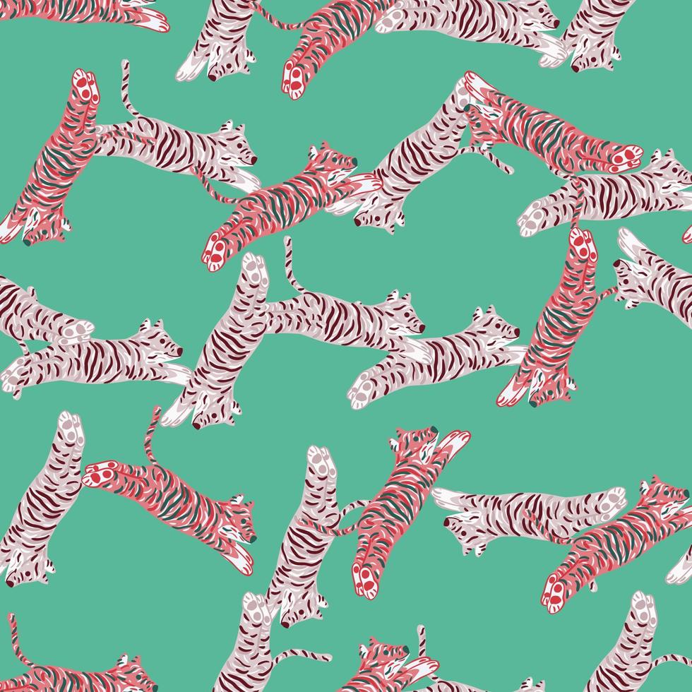 Random abstract seamless pattern with cartoon hand drawn tiger ornament. Blue background. vector