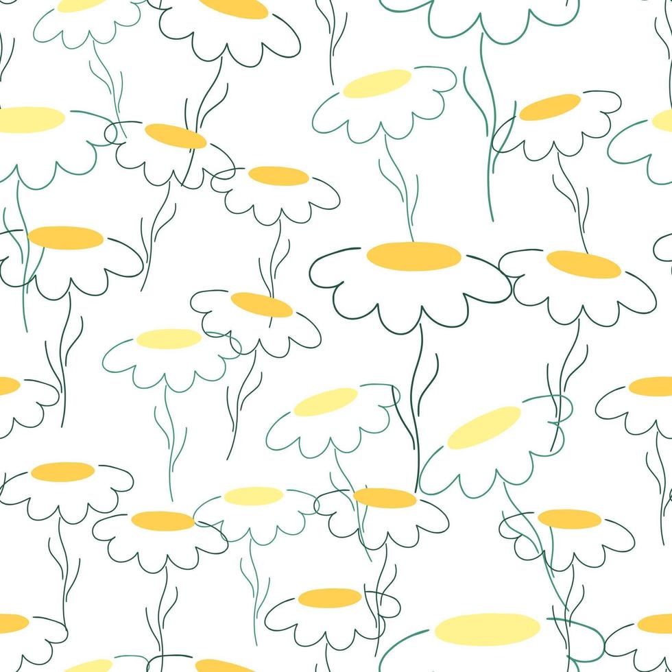 patrón sin costuras de prado aislado con estampado de flores de manzanilla aleatorias de contorno azul. Fondo blanco. vector
