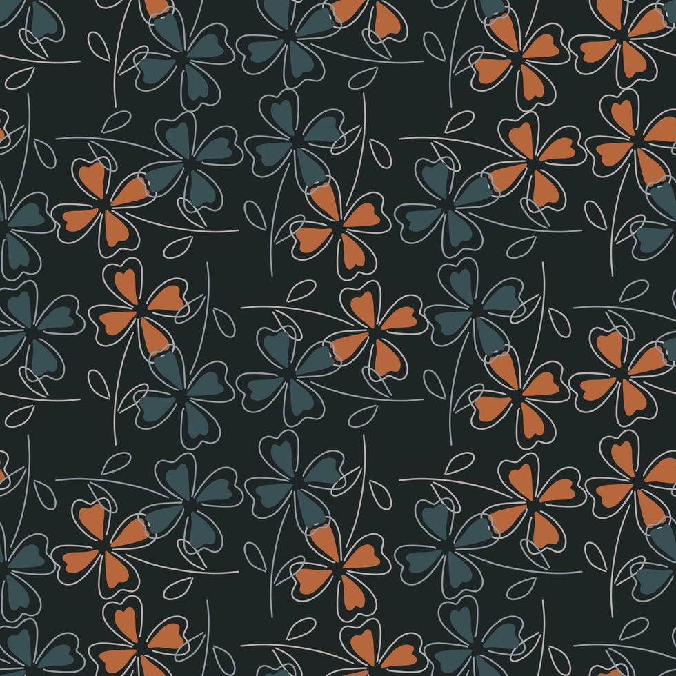 Abstract dark nature seamless pattern with outline blue and orange clover leaves print. Black background. vector