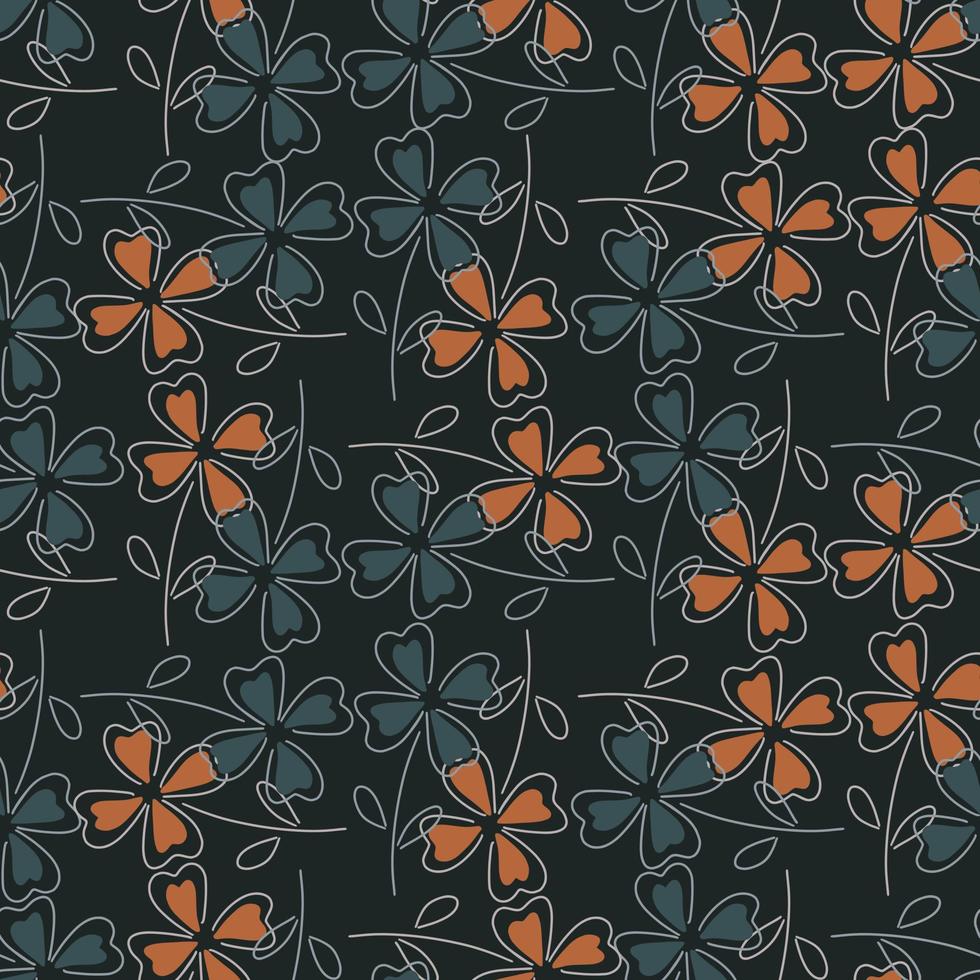 patrón sin costuras de naturaleza oscura abstracta con estampado de hojas de trébol azul y naranja de contorno. fondo negro. vector