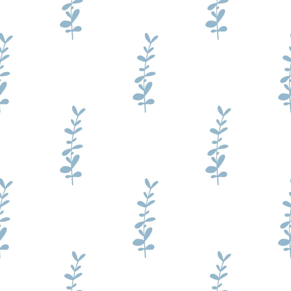 Isolated seamless botanic pattern with doodle eucalyptus blue silhouettes. Isolated herbal branches shapes. vector