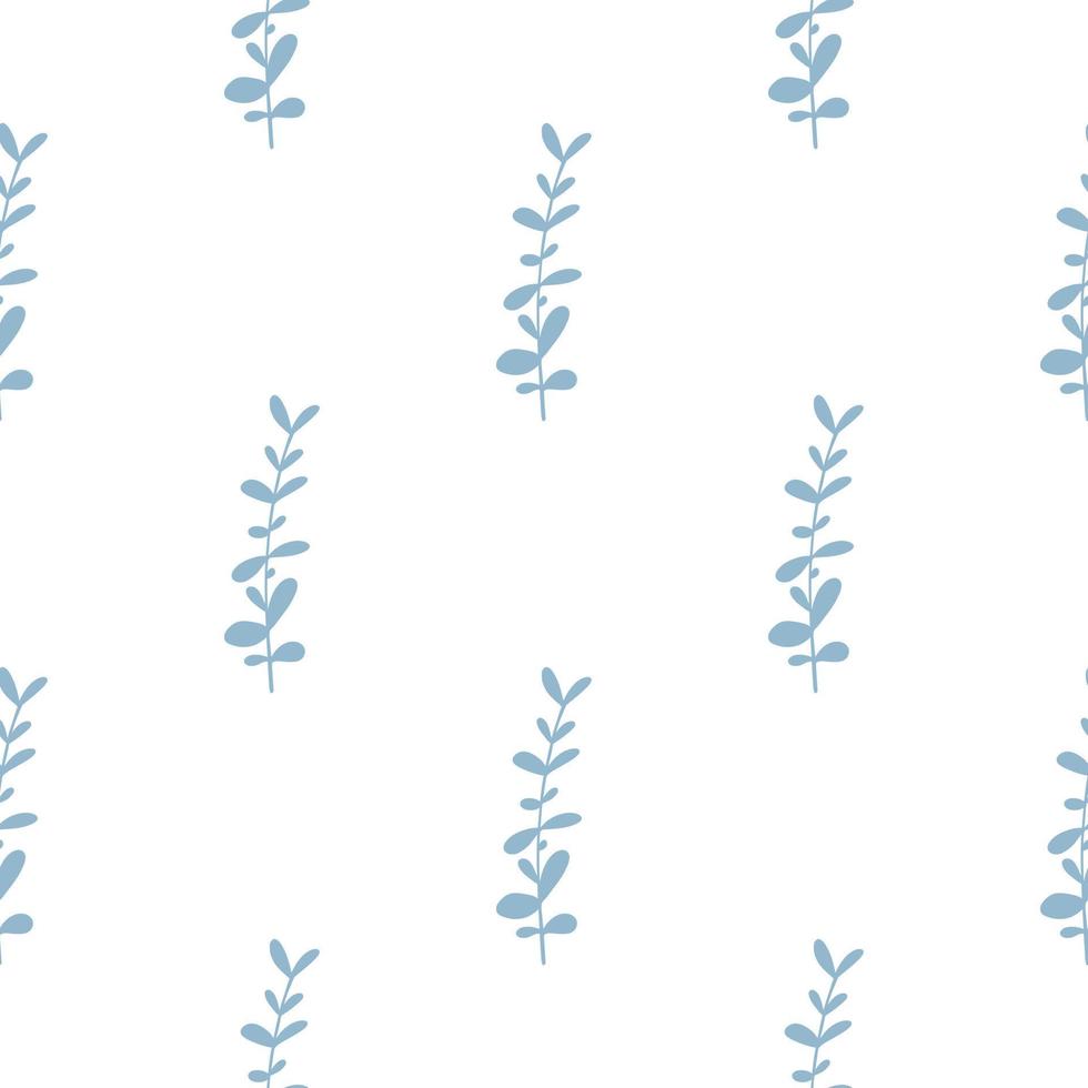 Isolated seamless botanic pattern with doodle eucalyptus blue silhouettes. Isolated herbal branches shapes. vector