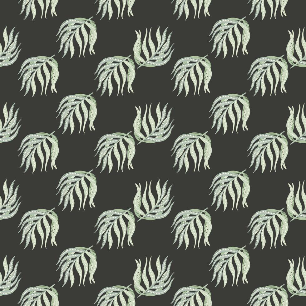 Little pale blue palm leaves shapes seamless pattern in hand drawn style. Dark background. Contrast print. vector