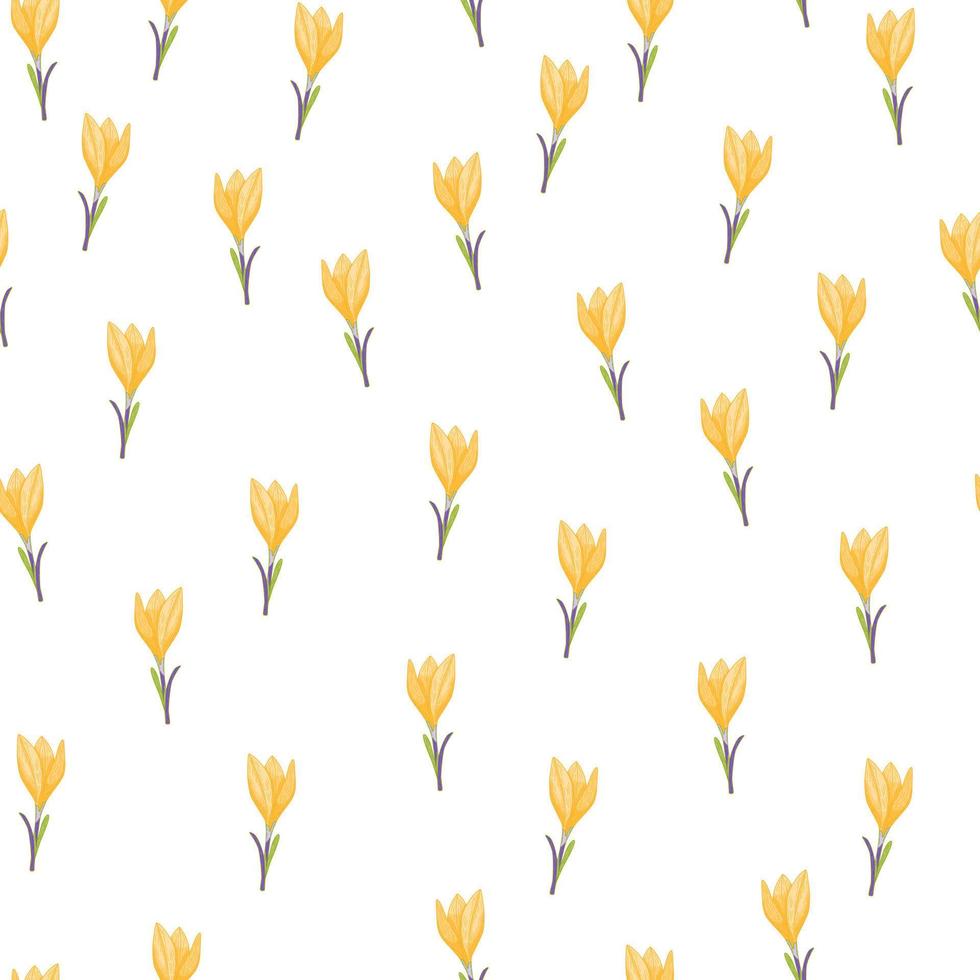 Little yellow outline crocus flowers shapes seamless pattern. Light background. Vintage decorative print. vector