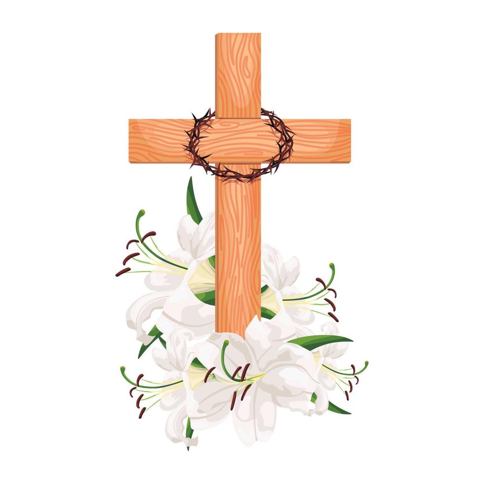 Cross with lilies isolated on white background. Religious symbols wooden cross, white lily and crown of thorns. vector