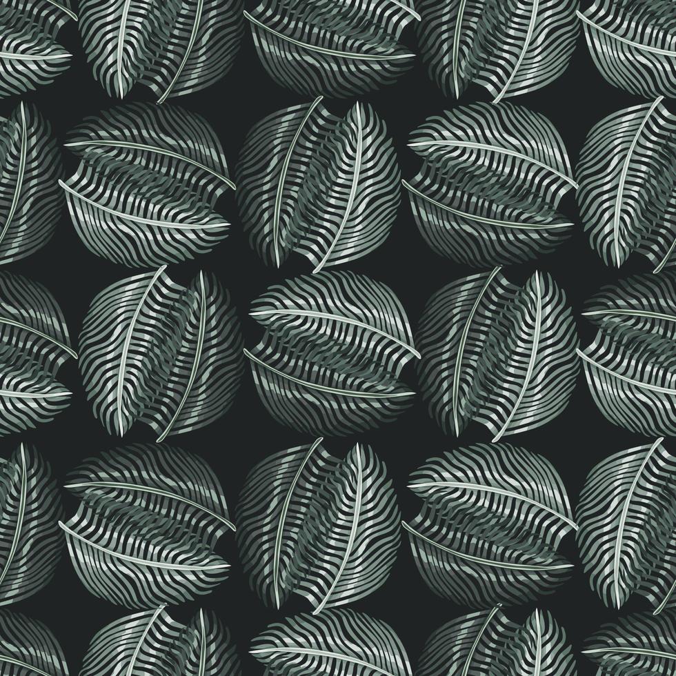 Decorative seamless pattern with abstract style fern leaves shapes. Black background. Hawaii foliage print. vector