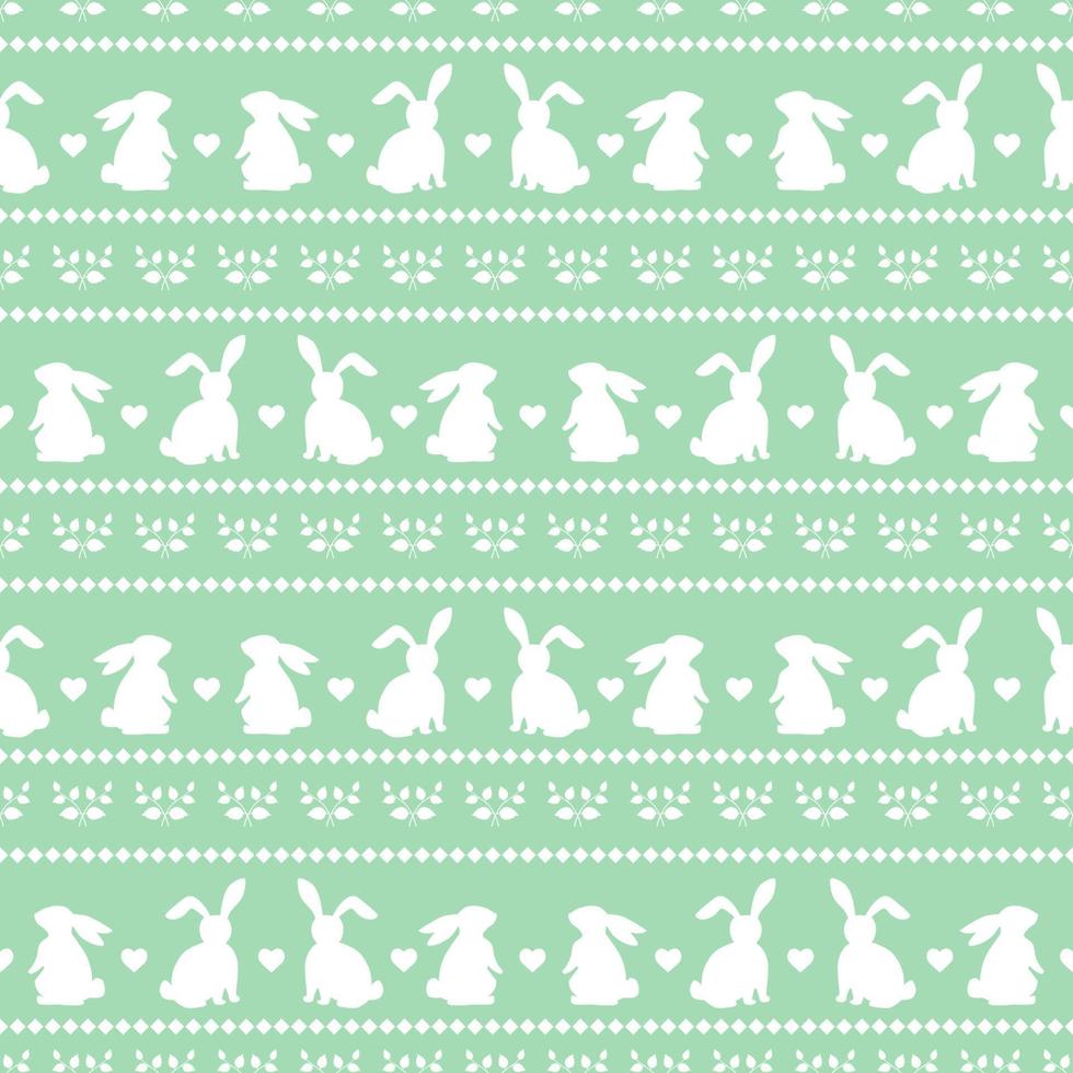 Easter seamless pattern with silhouette of rabbits on green and white color vector