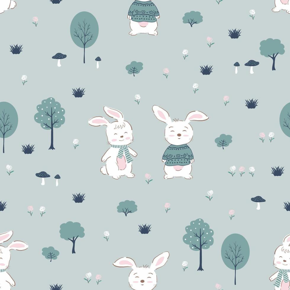 Seamless pattern with white rabbits happy on the garden for decorative,kid product,fashion,fabric,textile,print or wallpaper vector