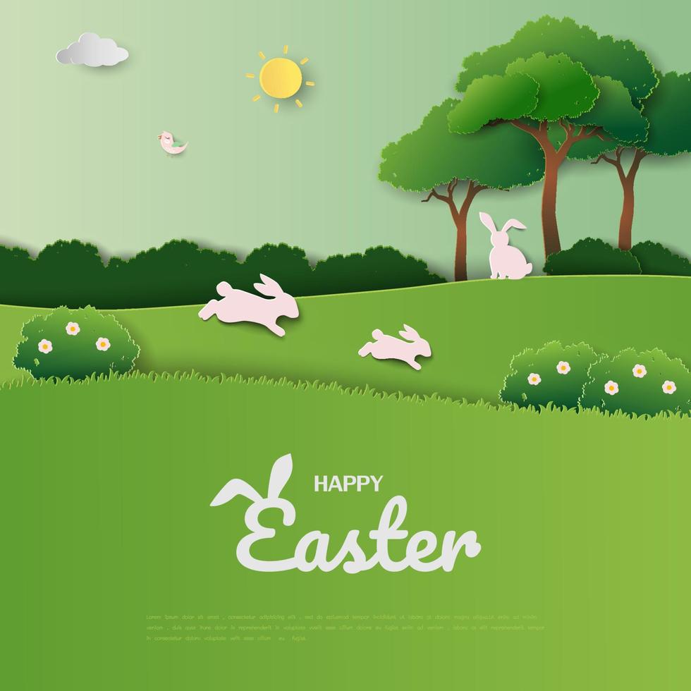 Happy Easter greeting card with cute rabbits on spring garden vector