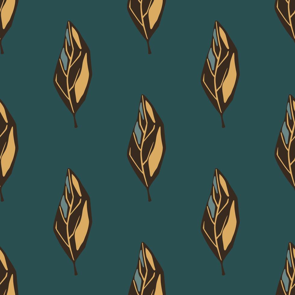 Nature seamless pattern with autumn brown leaves silhouettes. Turquoise dark background. vector