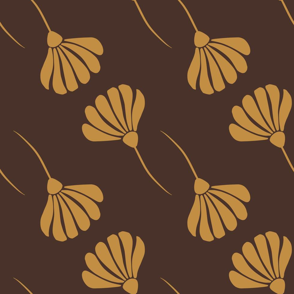 Bloom seamless nature pattern in autumn tones with light beige flowers on brown background. vector