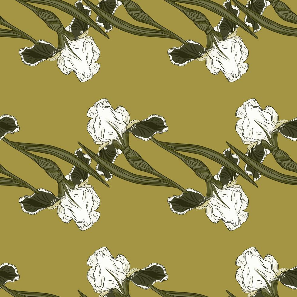 Decorative seamless pattern with white doodle iris flowers ornament. Green pale background. vector