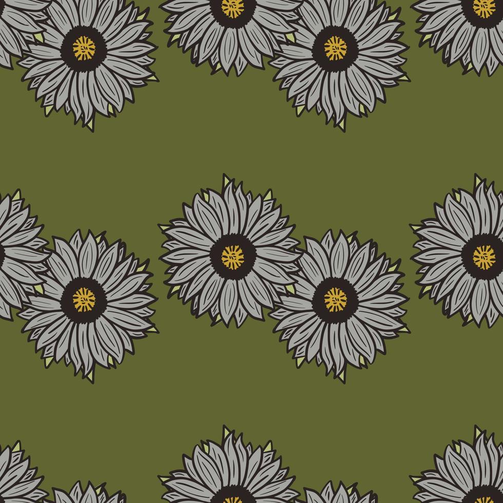 Seamless pattern sunflowers green background. Beautiful texture with line sunflower and leaves. vector