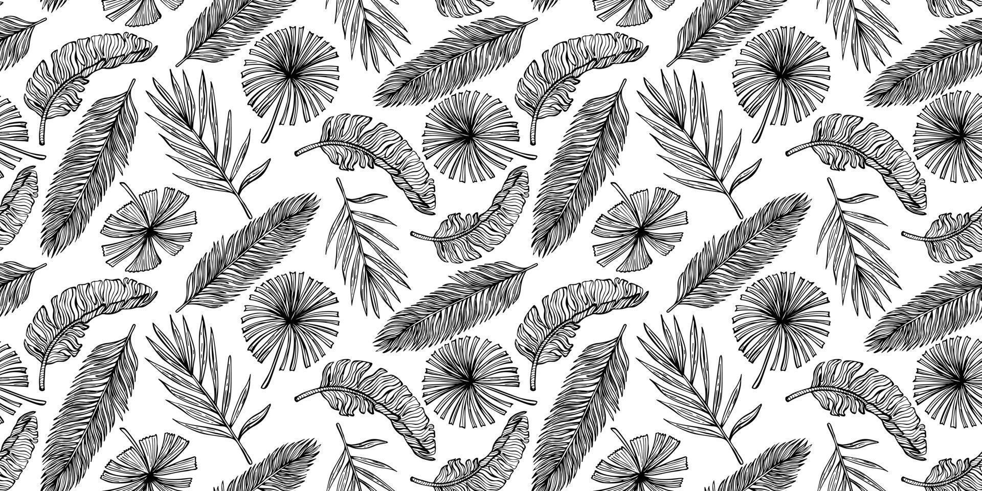 Tropical leaves seamless pattern. Vintage leaf of banana and palm in engraving style. vector