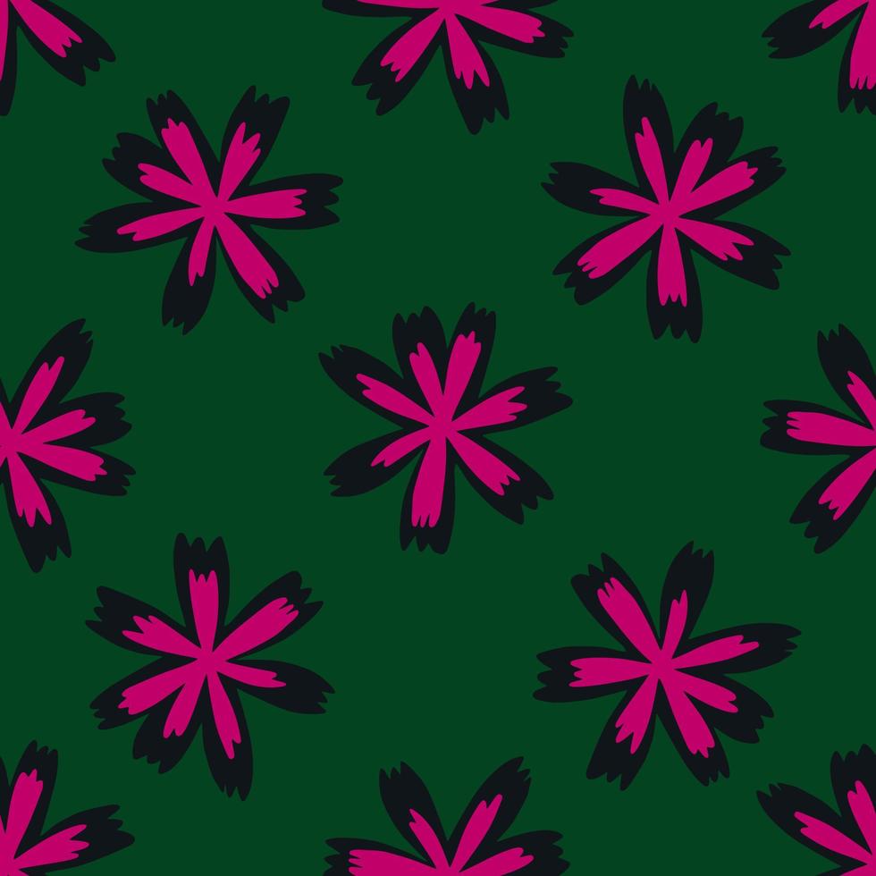 Bright pink meadow flowers seamless doodle pattern. Green dark background. Decorative print. vector