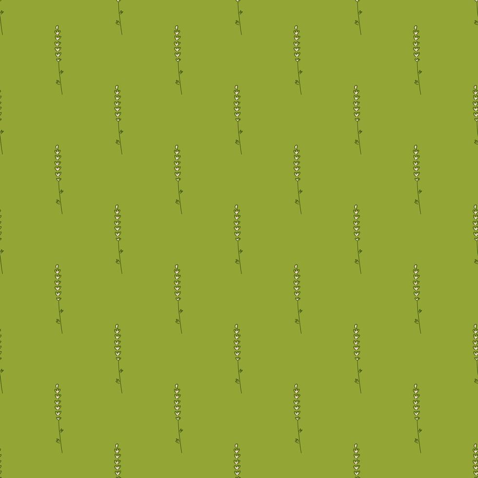 Organic herbal seamless pattern with doodle little lavender branches silhouettes print. Green background. vector