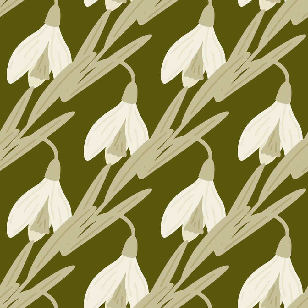 Hand drawn seamless pattern with white spring snowdrop ornament. Green olive dark background. vector