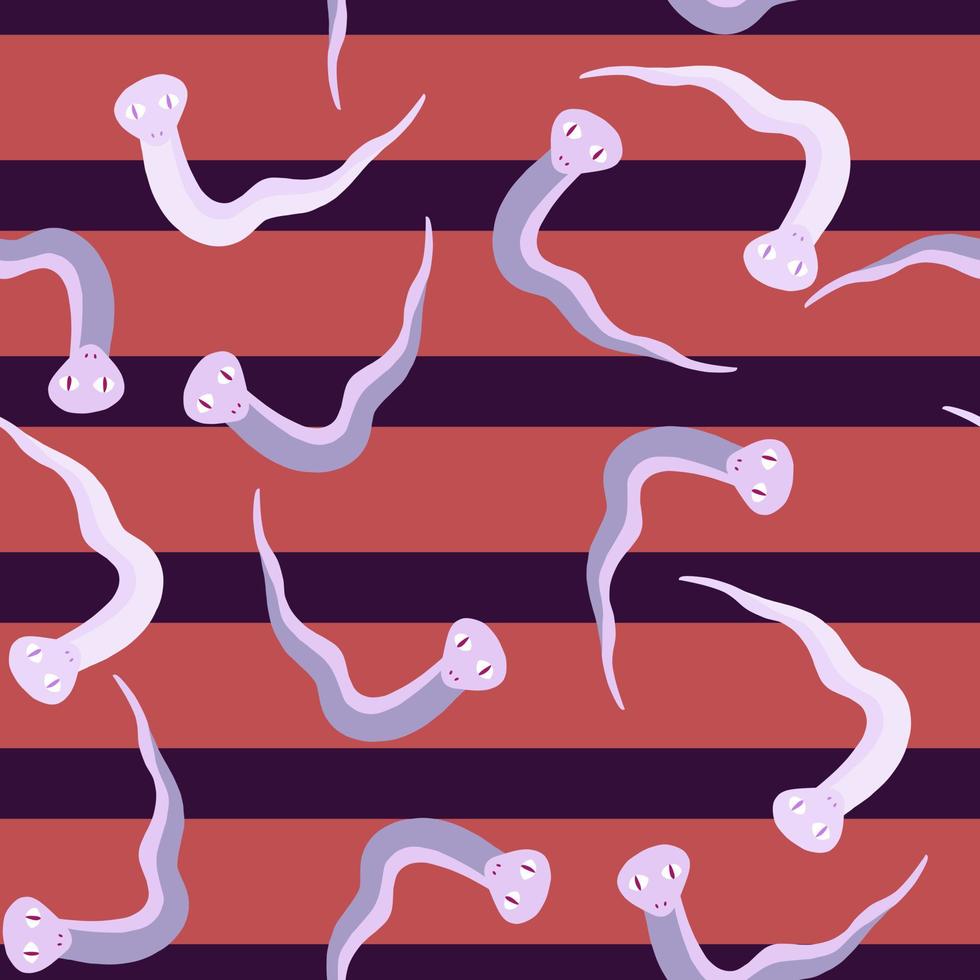 patrón abstracto sin costuras con divertidas serpientes blancas y azules impresas. fondo de rayas rosas. telón de fondo de la naturaleza. vector