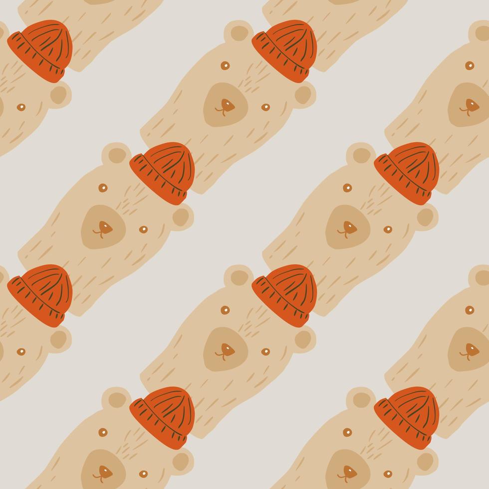 Pale seamless pattern with beige colored bear head in hats print. Lilght background. Animal backdrop. vector