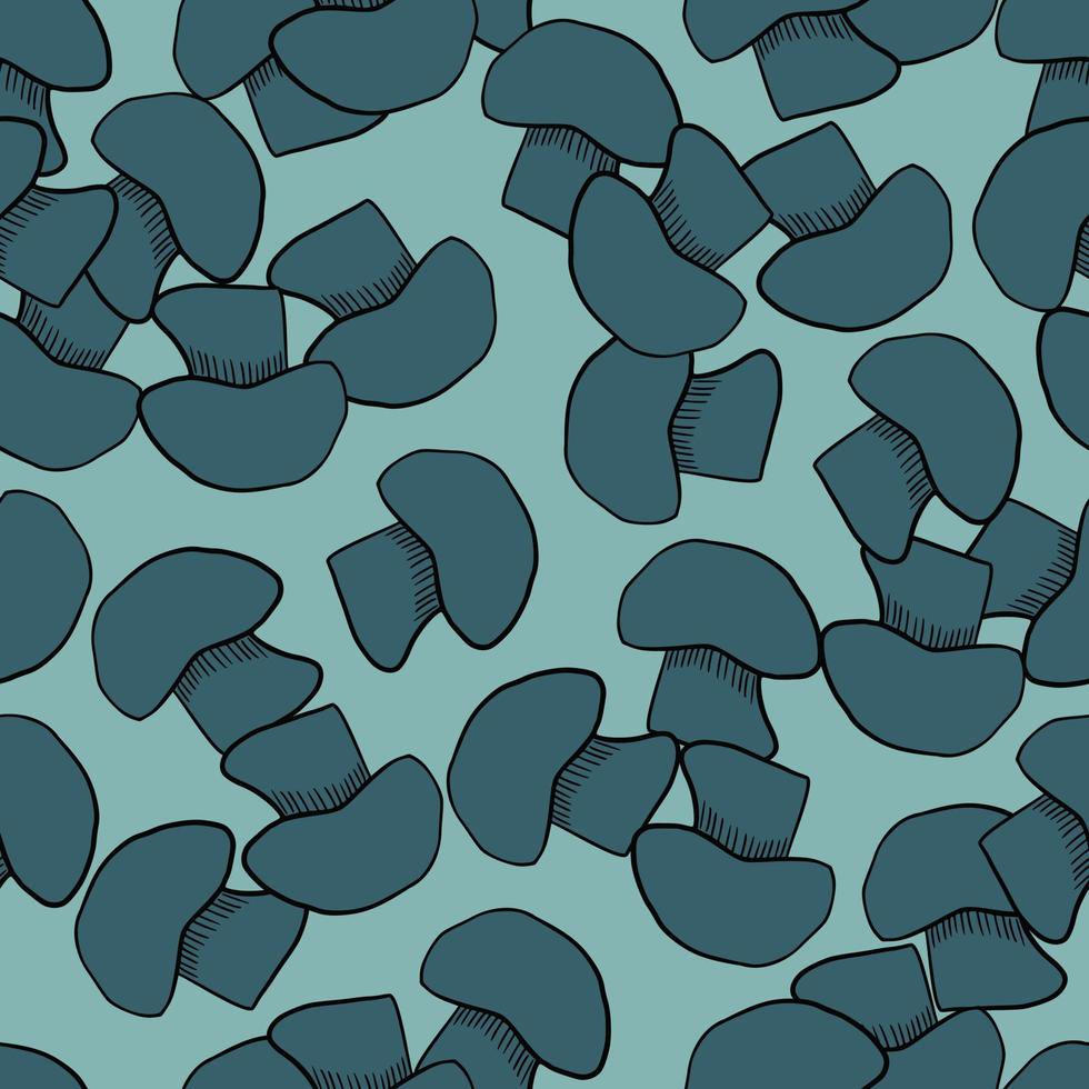 Decorative seasonal fall seamless pattern with random turquoise mushroom shapes. Blue background. vector