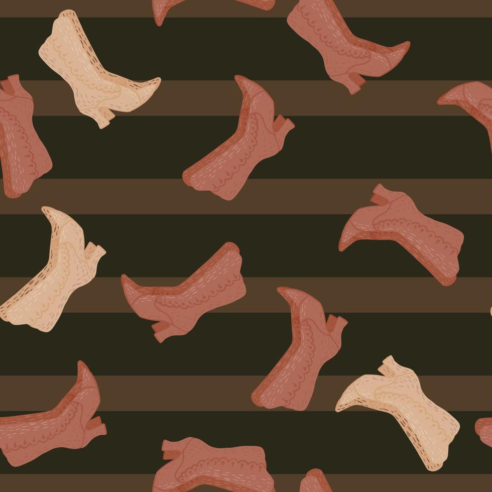 Seamless random pattern with pink pastel colored women style boots ornament. Brown striped background. vector