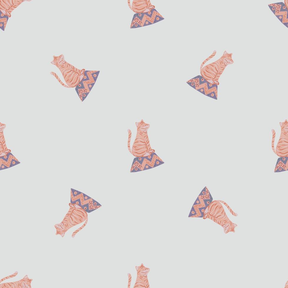 Minimalistic seamless pattern with pale orange tiger circus print. Pastel blue background. Simple design. vector